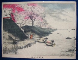砂目石版画　「東京三絶景　墨堤之櫻花（墨田川岸桜の図）」