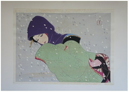 岩田専太郎木版画　「ささめ雪」　一枚　加藤版画研究所