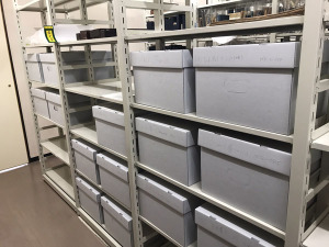 2_shelf lined with neutral paper boxes