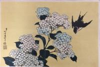 木版画　紫陽花と燕子　北斎画　復刻版　昭和22年国立博物館蔵版