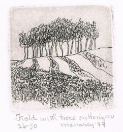 Ｆield with trees on Ｈorizon　Thelma Manarey Miniature Etching　セルマ・マナリー　ミニチュアエッチング