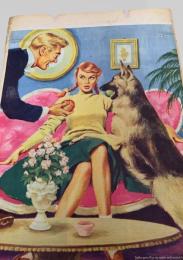 スクラップ資料（台紙貼り）  家庭雑誌挿絵風・女性・犬