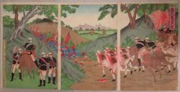 錦絵　平壌ニ我軍清兵ヲ追　3枚続