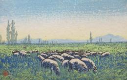 加藤哲之助戦前木版画絵葉書　「緬羊放牧」