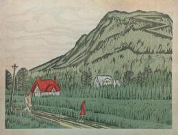 前川千帆木版画　「落葉松の若葉に包まれた離山」