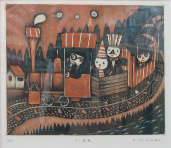 金沢一彦 赤い蒸機 銅版画 - 美術品