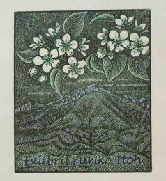 大内香峰　木口木版画蔵書票　「磐梯山と梨の花」