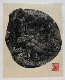涌田利之　木口木版蔵書票　「本と女性」