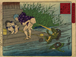 東京開化狂画名所　木場　川童臭気に辟易