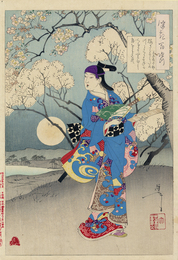 月百姿　桜さくすみたの川にうくふねもくれて関屋に月をこそ見れ　水木辰の助