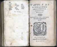 詩集及びソネット集　Con dichiarationi non piv stampate. Insieme con alcune belle Annotationi, tratte dalle dottissime prose di Monsignor Bembo, cose sommamente vtili, _ chi di rimare leggiadramente, & senza volere i segni del Petrarca passare, si prende cura. E pi_ una conserua di tutte lesue rime ridotte sotto le cinque lettere vocali. Bound with:---. Tavola  di tutte le rime de i sonettie canzoni del. Ridotte coiversi. interi sotto le cinque lettere uocali. Venetia Appresso Nicol_ Beuilacqua.