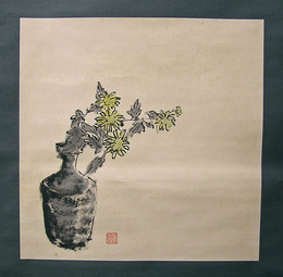 大鹿卓画幅　菊の絵　落款入　少日焼少シミ有　３４０×３４０ミリ