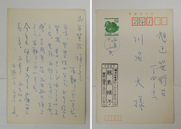飯島晴子葉書　川名大宛　ペン書１０行　『…当方、甲斐性がなくて、どちら様へも…』　名前はスタンプ