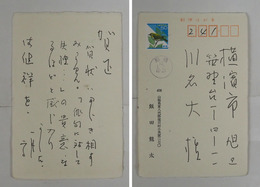 飯田龍太年賀状　川名大宛　ペン書５行　　『…「俳句に対して失禮…」の貴意…』　署名は印刷
