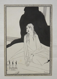 岩田専太郎挿絵画稿　長い髪の横座りの女性　ペン墨　サイン入　紙面２４２×１６１ミリ