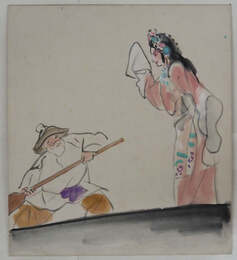 田村孝之介色紙　水彩画　楊貴妃と船頭の絵　署名無　少シミ有