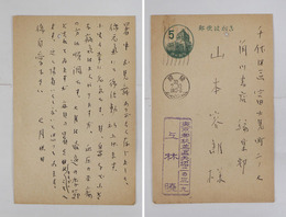 上林暁葉書　山本容朗宛　ペン書８行　「…血圧の本病の方は順調です…」　名前はスタンプ　小穴有