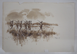 成瀬一富装幀画稿　水彩画　余白少痛　『土と兵隊・麦と兵隊／火野葦平』昭４０・８春陽文庫の表紙画稿