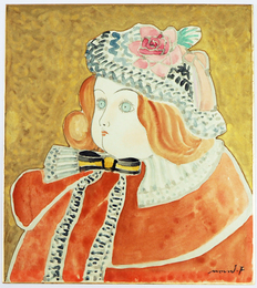 古川益弘色紙　『フランス人形』　水彩画