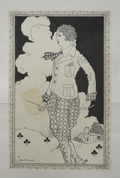 岩田専太郎挿絵画稿　鞭を持った女性立像　ペン墨　サイン入　紙面２２５×１４３ミリ