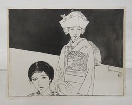 岩田専太郎挿絵画稿　花嫁他女性二人　ペン墨　サイン入　紙面１３３×１７３ミリ