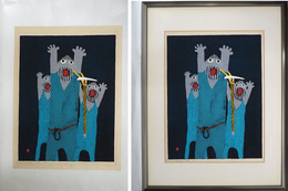 畦地梅太郎木版画額『さけぶ三人』　ＡP版　サイン入　版面４９５×３７８ミリ　額７７２×５９０ミリ　紙少日焼裏面シミ有