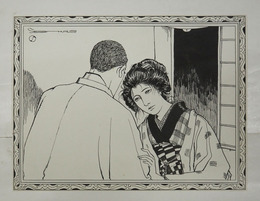 岩田専太郎挿絵画稿　乱れた髷の女性と和服の男性　ペン墨　サイン入　紙面１５０×２００ミリ