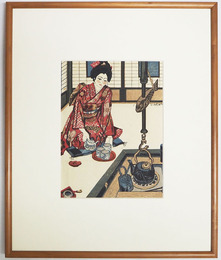 関野準一郎木版画『東北のいろり』　イメージサイズ２４０×１８０ミリ（額サイズ４４０×３６５ミリ）　サイン入　折れ目有　額装