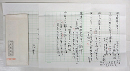 矢島渚男書簡　川名大宛　筆ペン書四百字詰二枚　封付　俳句作品につての問合せの返事