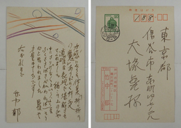 竹中郁葉書　犬塚堯宛　ペン書８行　色鉛筆書イラスト入