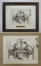 蕗谷虹児挿絵画稿　テーブルに向い合って腰かけた男性二人　単色筆書