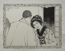 岩田専太郎挿絵画稿　乱れた髷の女性と和服の男性　ペン墨　サイン入　紙面１５０×２００ミリ