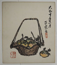 正宗得三郎小色紙　籠に入った蜜柑の絵　毛筆画に水彩で彩色　落款入　２１１×１８１ミリ