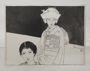 岩田専太郎挿絵画稿　花嫁他女性二人　ペン墨　サイン入　紙面１３３×１７３ミリ