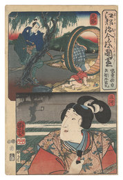 江都錦今様国尽　尾張 児童怪力　三河 矢矧牛若丸　Modern Scenes of the Provinces in Edo Brocade Prints / Owari Province: Child Kairiki, and Mikawa Province: Yahagi Ushiwakamaru