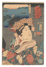 山海愛度図会　六十九 花をごらんあそばしたい 対馬昆布海苔　Auspicious Desires on Land and Sea / No. 69, Desiring to View the Cherry Blossoms: Konbu and Nori Seaweeds from Tsushima Province