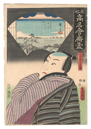 東都高名会席尽　八百善の二階小窓より日本堤ふし見はらし 八百屋半兵衛　Famous Restaurants of the Eastern Capital / View of Nihon Embankment from the Small Window on the Upper Floor of the Yaozen Restaurant: Yaoya Hanbei