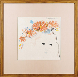 自筆画色紙　花飾り人　Woman with Flowers