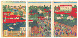 東京浅草観世音並ニ公園地煉瓦屋新築繁盛新地遠景之図　Distant View of the Asakusa Kanzeon Temple and the Park with Newly Constructed Brick Buildings in Tokyo