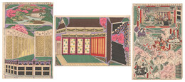 明治座新狂言吉野御殿ノ場組上ヶ三枚続　Three-piece Kumiage: Palace Scene at Yoshino, New Play at the Meiji-za Theater