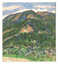 自筆画色紙　長野のりんご園　Apple Orchard in Nagano