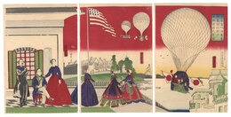 東京築地海軍省軽気球試験並ニ従西洋館眺望図　Balloon Flight Test at the Naval Institute and Western-style Buildings in Tsukiji,Tokyo