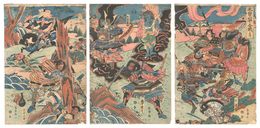 木曽山中合戦 三枚続　Battle in the Kiso Mountains, a Triptych