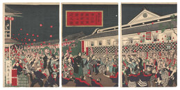 市川右団次東京新富座江乗込之図　Illustration of the Actor Ichikawa Udanji Arriving at Shintomi Theater in Tokyo on May 23rd, 1882