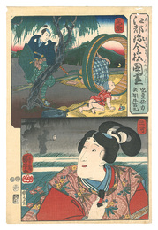 江都錦今様国尽　尾張 児童怪力　三河 矢矧牛若丸　Modern Scenes of the Provinces in Edo Brocade Prints / Owari Province: Child Kairiki, and Mikawa Province: Yahagi Ushiwakamaru