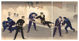 旅順港口初瀬艦奮闘之図　The Japanese Warship Hatsuse Battles Bravely at the Mouth of Port Arthur