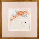 自筆画色紙　花飾り人　Woman with Flowers