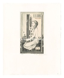 蔵書票　本と少女　Ex Libris: Book & girl