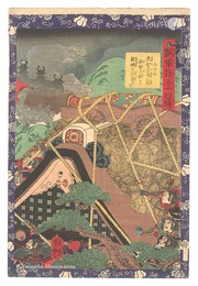 瓢軍談五十四場　二十七 武智右馬之助石弩火鉄にて敵城を打崩す　Fifty-four Scenes from the Story of Hideyoshi / No. 27: Takechi Umanosuke Destroys the Enemy Castle with the Cannon