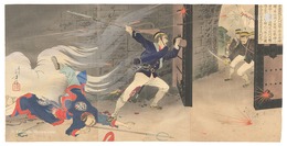 平壌激戦玄武門攻撃ノ際清兵嶮ニ據テ善ク防御シ日軍頗ル苦戦ス時ニ一勇兵アリ城壁ヲ乗越遂ニ関門大勝、倚テ古今ノ大功ヲ顕ス此人ハ誰ソ三河国住人歩兵一等卒原田重吉氏則是ナリ　Private Harada Jukichi Opens the Hyeonmu Gate from Within the Fort at Pyongyang